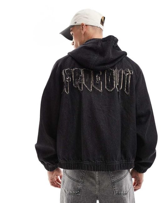 Bershka Black Raw Denim Oversized Hooded Jacket for men