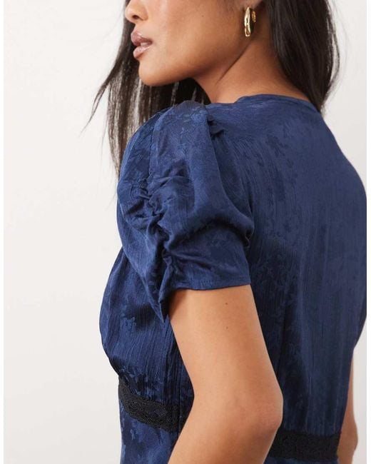 Nobody's Child Petite Blue Nicolette Satin Jacquard Lace-detail Plunge Neck Cap Sleeve Midi Dress