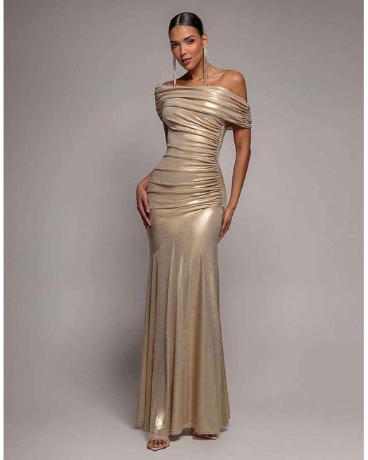 Goddiva Brown Foil Pleated One Shoulder Bardot Fit And Flare Maxi Dress