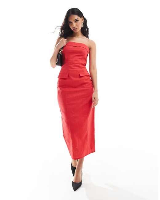 Kaiia Red Linen Look Tailo Fold Over Bandeau Pocket Detail Maxi Dress