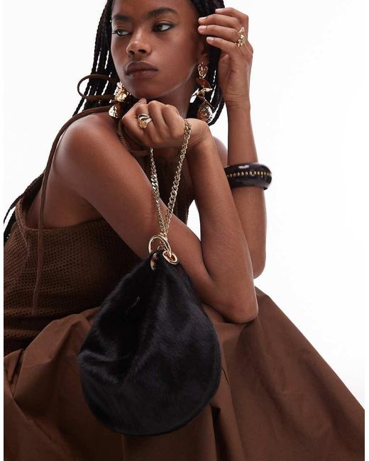 ASOS Black Hair On Real Leather Pouch Clutch With Gold Hardware