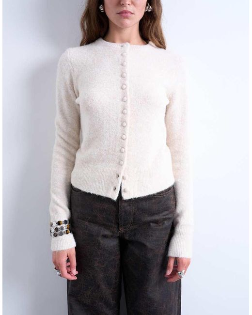 TOPSHOP White Knit Covered Buttons Cardigan