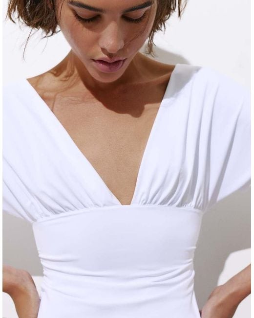 Pull&Bear White Gathered V-Neck Top