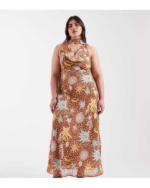 Never Fully Dressed Brown Chiffon Cowl Scarf Neck Maxi Dress