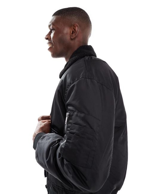 ASOS Blue Oversized Bomber Jacket With Borg Fleece Collar for men