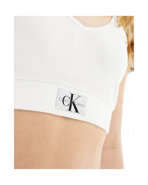 Calvin Klein White Woven Label Rib Crop V-neck Top
