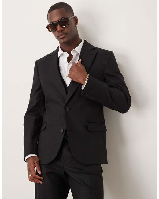 ASOS Blue Linen Blend Slim Suit Jacket for men