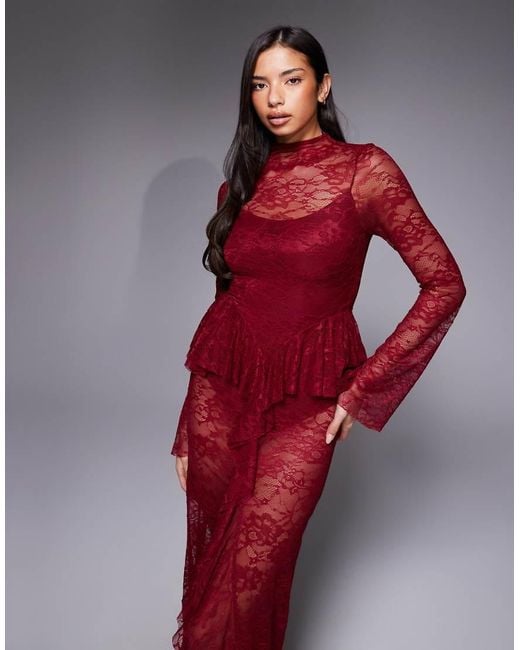 ASOS Red High Neck Sheer Lace Maxi Dress With Peplum Detailing And Body Suit Lining