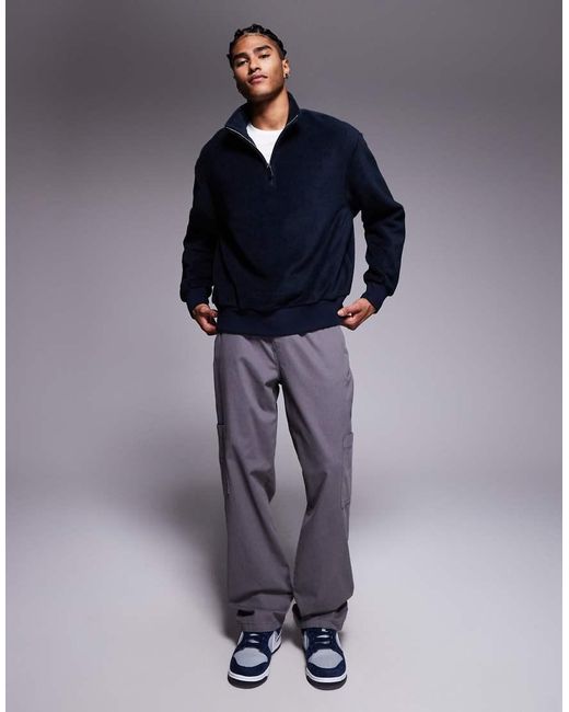 ASOS Blue Relaxed Funnel Neck Quarter Zip Fleece Sweatshirt for men