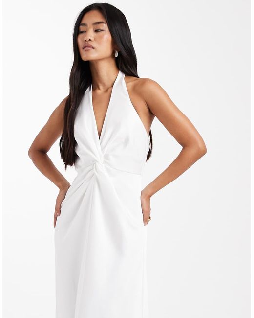 Six Stories White Bridal Scarf Halter Neck Twist Front Satin Maxi Dress