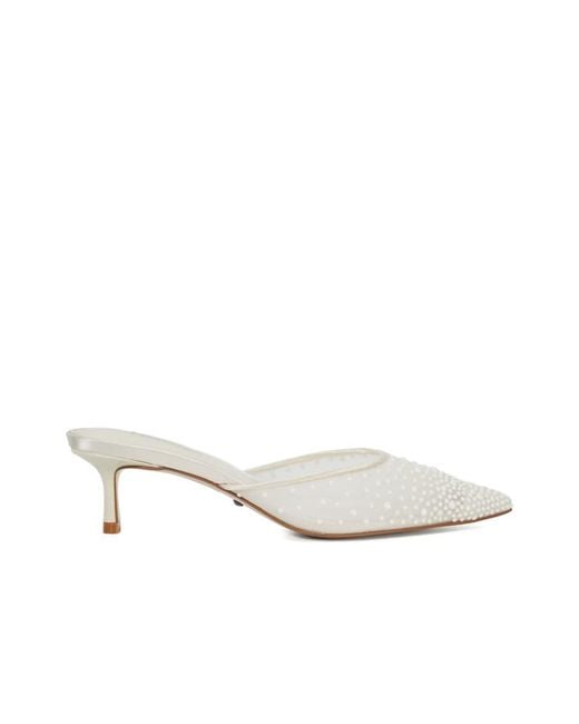 Dune White Cuddling Sea Pearl Embellished Kitten Heel Wedding Mules