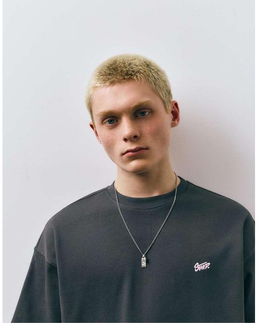 T-Shirt Oversize Squadrata Grigia Con Logo Stwd di Pull&Bear in Blue da Uomo