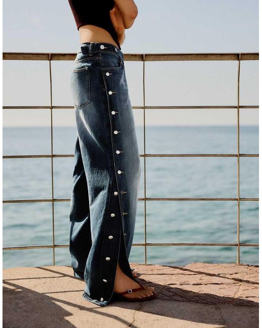 Bershka Gray Low-rise Straight-leg Jeans With Side Buttons
