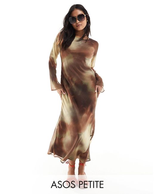 ASOS Brown Asos Design Petite Chiffon Long Sleeve Midi Dress