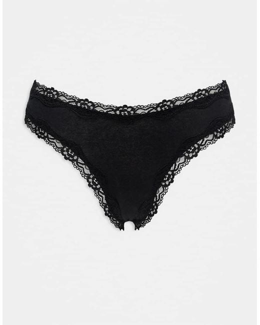 ASOS Black Asos Design 3 Pack Cotton & Lace Trim High Rise Malibu Thong
