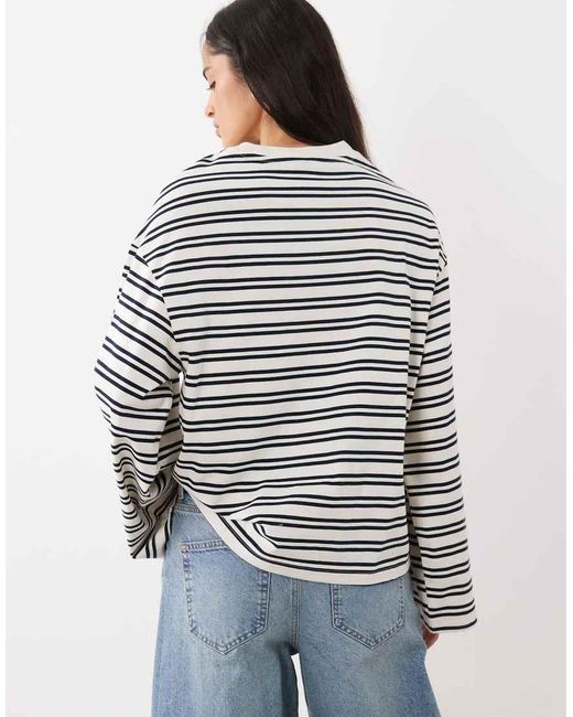 Gina Tricot White Pure Cotton Stripe Long Sleeve Tee With Wide Sleeve