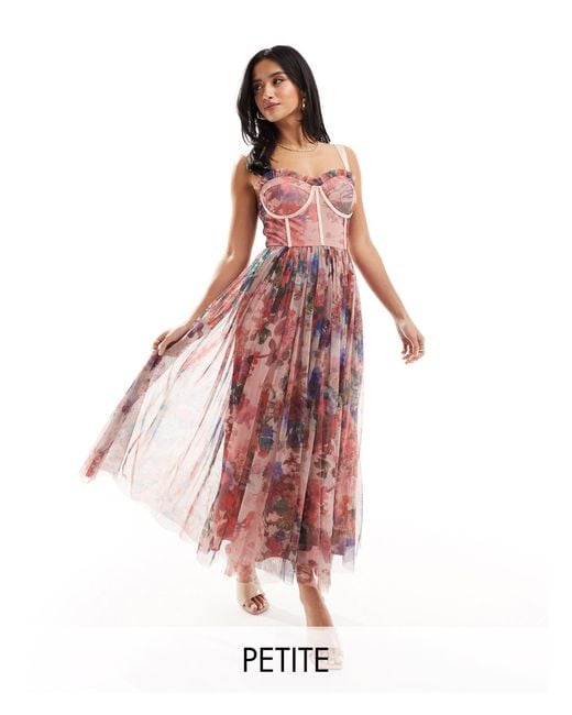 LACE & BEADS Red Corset Tulle Midi Dress In Pink Floral Mix