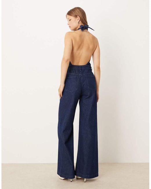 ASOS Blue Denim Halter Neck Jumpsuit With Wide Leg