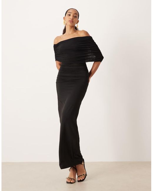 SNDY'S Red Mesh Bardot Sleeve Ruched Waist Maxi Dress