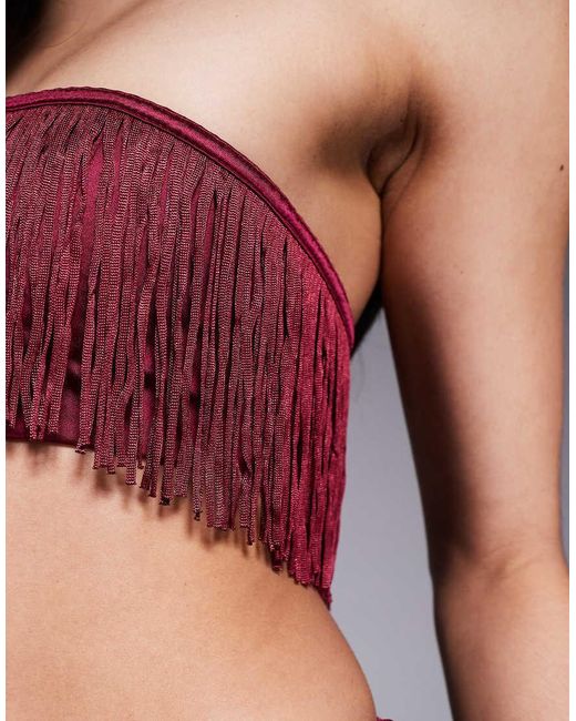 Oh Polly Red Bruma Fringed Bandeau Lace-up Crop Top Co-ord