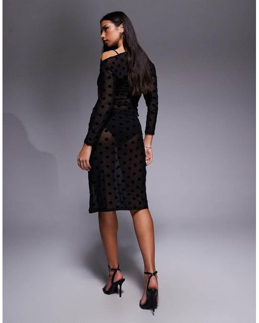Falda Midi Negra Con Patrón De Lunares Flocados De Malla Transparente De ASOS de color Black