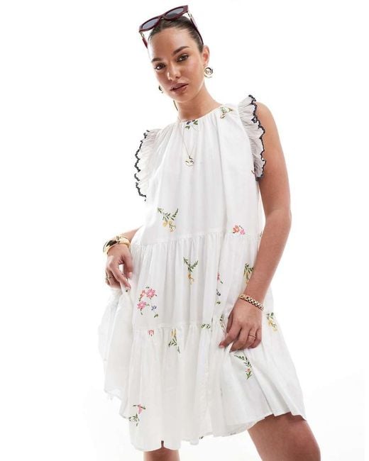 French Connection White Tiered Mini Dress With Embroidery