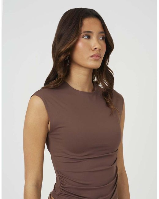 Brave Soul Brown Round Neck Sleeveless Top With Ruching