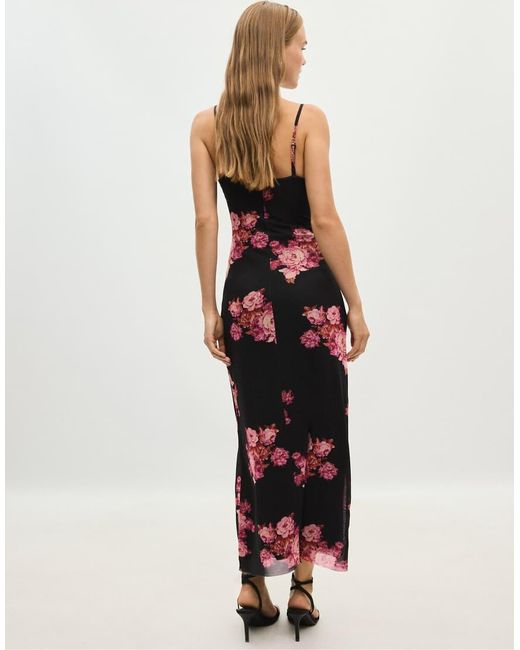 Stradivarius White Printed Tulle Midi Dress With Lace Trim