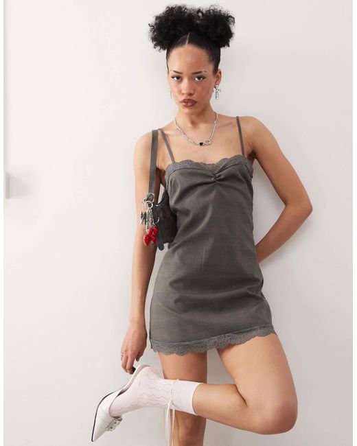 Motel Gray Larna Check Lace Edge Check Mini Dress