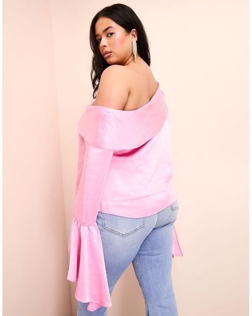 ASOS Pink Curve Off Shoulder Satin Draped Top With exaggerated Sleeve