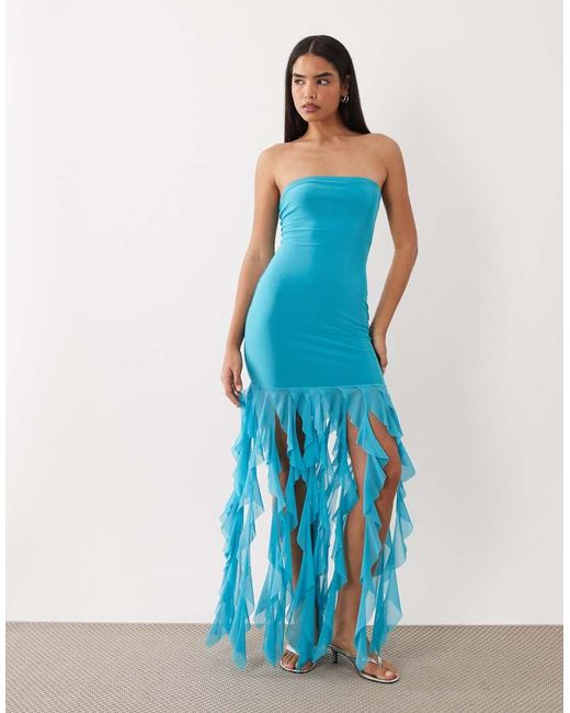 Kaiia Blue Exclusive Textured Mesh Bandeau Ruffle Hem Maxi Dress