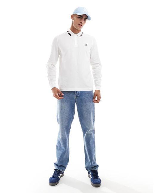 Fred Perry White Twin Tipped Long Sleeve Polo Shirt for men