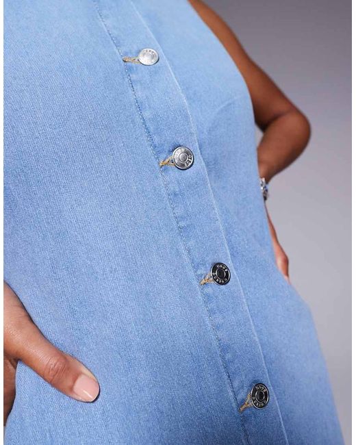 ASOS Blue Round Neck Denim Maxi Dress With Button Front Opening