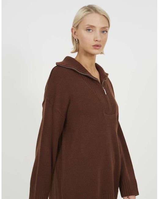 Brave Soul Brown Oversized 1/2 Zip Knitted Jumper