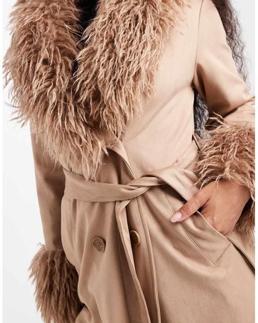 New Look Natural Belted Faux Suede Faux Fur Mixed Coat