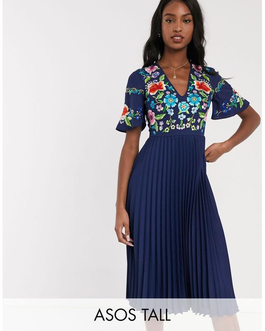 embroidered pleated midi dress