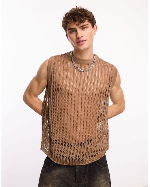 Collusion Brown Crochet Knitted Oversized Singlet for men