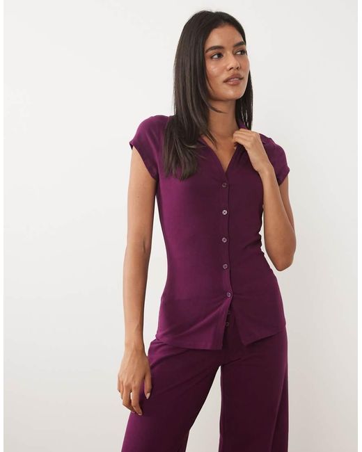 Cotton On Purple Dreamy Button Down Top And Flared Pants Pajama Set