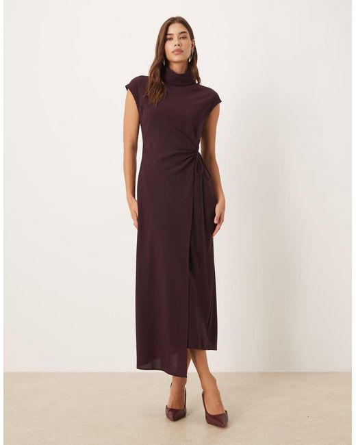 Mango Red High Neck Cap Sleeve Tie Waist Maxi Dress