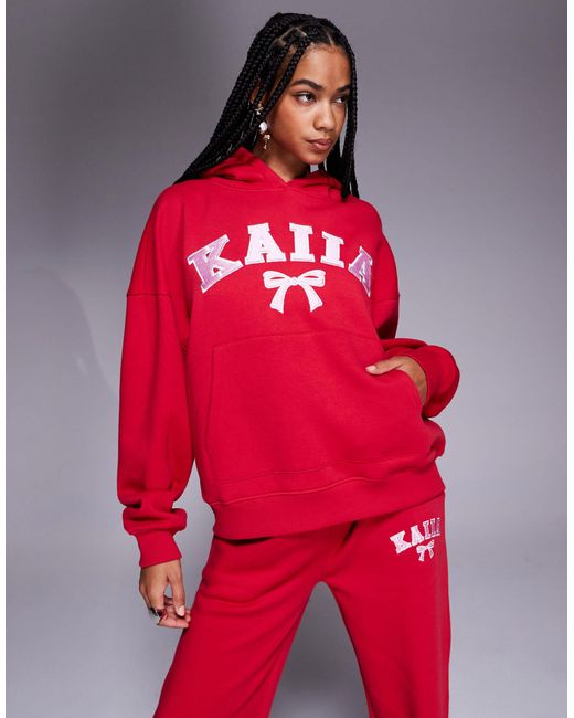 Kaiia Red Embroide Bow Logo Oversized Hoodie Co-ord