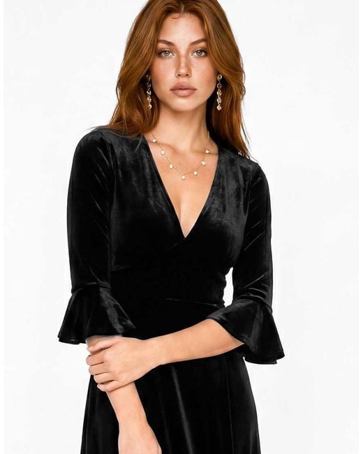 Maya Black Flute Sleeve Velvet Maxi Dress