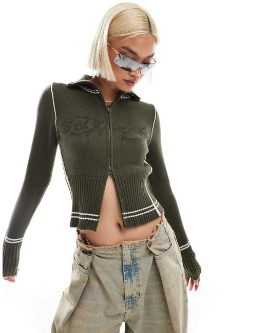 Ed Hardy Gray Y2K Zip Through Knitted Cardigan