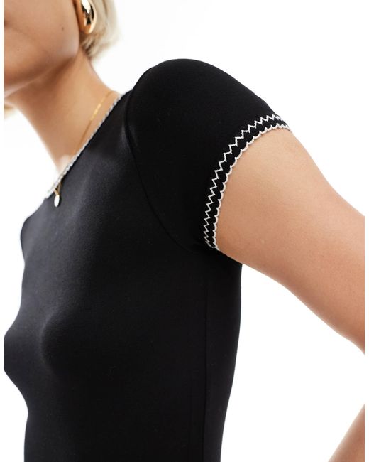 Miss Selfridge Black Blanket Stitch Crew Neck Short Sleeve Top