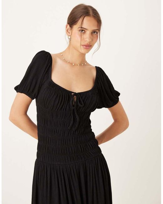 ASOS Black Crinkle Shirred Waist Milkmaid Puff Sleeve Midi Tea Dress