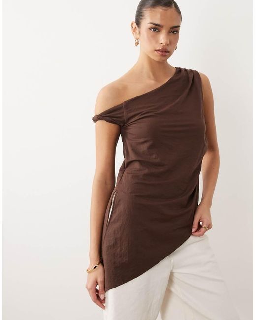 ASOS Natural Mix & Match Linen Look Longline Top With Asymmetric Hem
