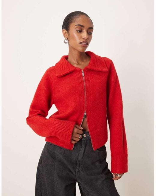 Mango Red Double Zip Knitted Cardigan