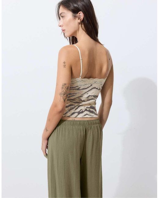 Stradivarius Green Animal Print Sequin Slim Fit Top