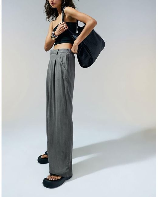 ASOS Gray Relaxed Straight Leg Trousers With Linen