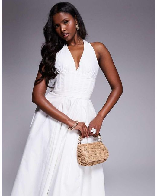 House Of Cb Gray Allena Cotton Halter Midi Sundress