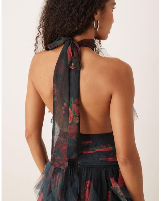 LACE & BEADS Multicolor Backless Ruffle Maxi Dress